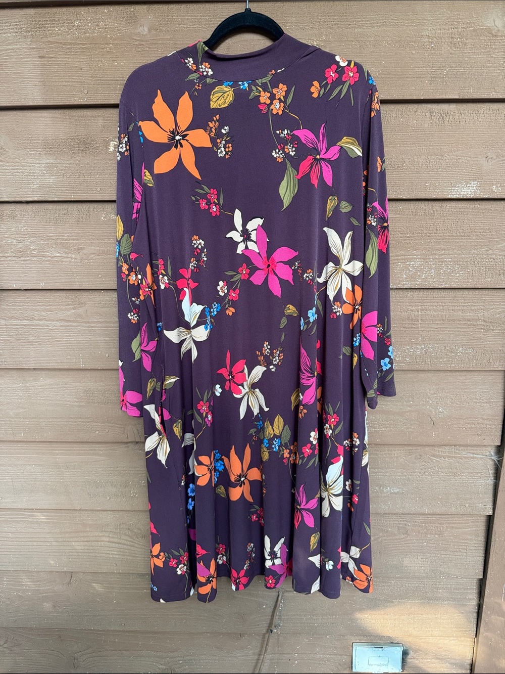Susan Graver Long-Sleeve Floral Dress in Deep Purple with pockets size 2XLP